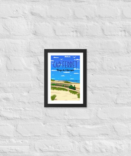 poster plage de l'horizon avec petit train cap ferret cadre blanc