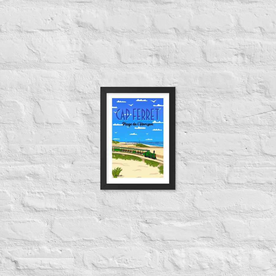 poster plage de l'horizon avec petit train cap ferret cadre blanc