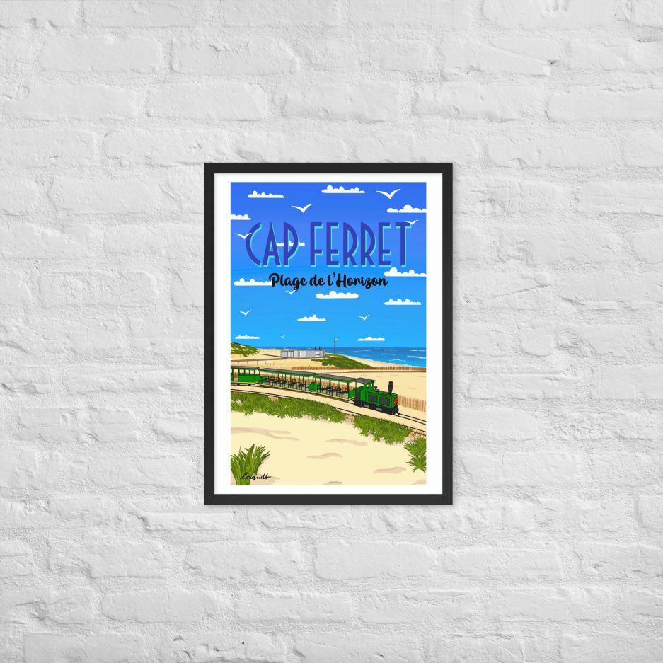 poster plage de l'horizon avec petit train cap ferret cadre blanc