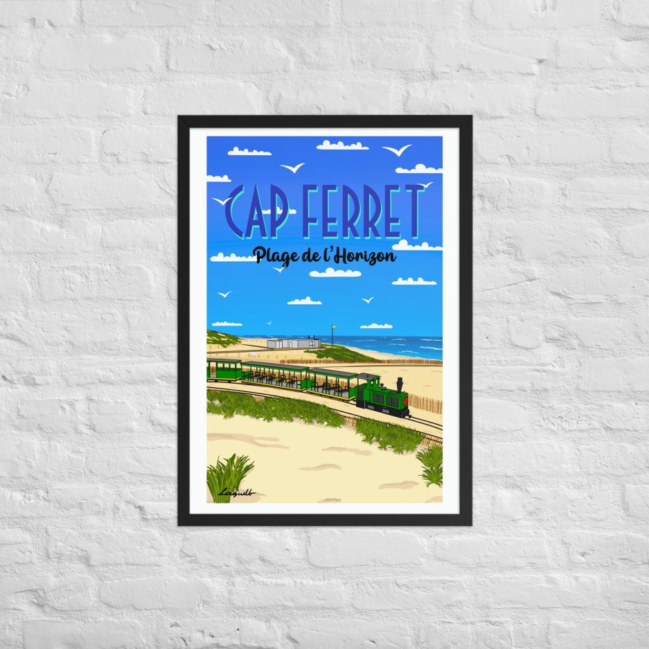 poster plage de l'horizon avec petit train cap ferret cadre blanc