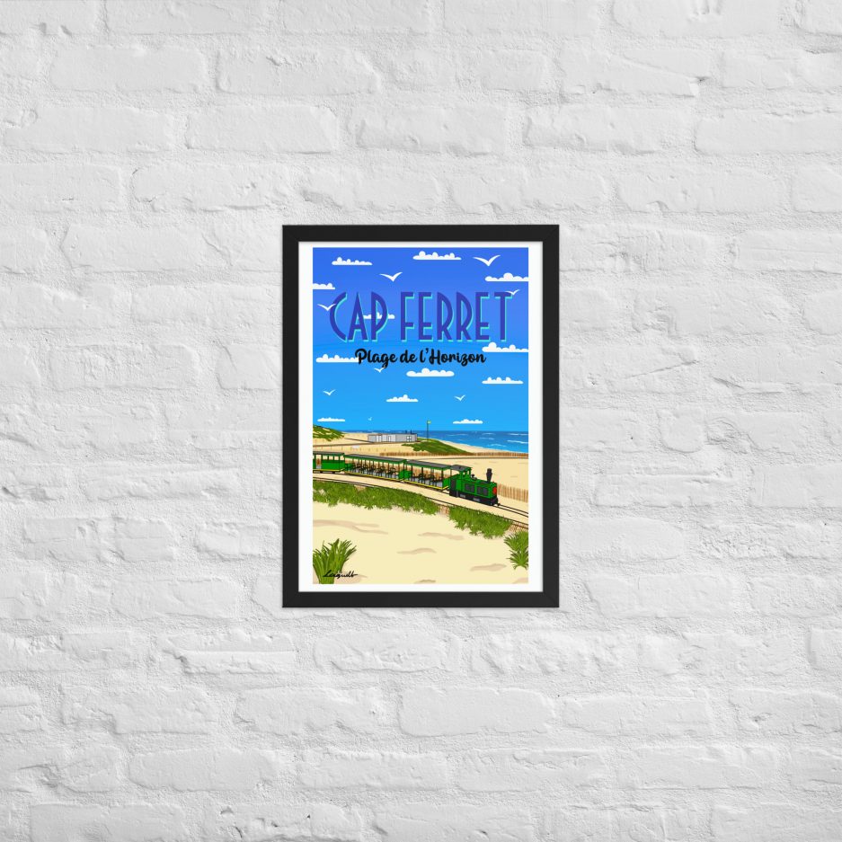 poster plage de l'horizon avec petit train cap ferret cadre blanc