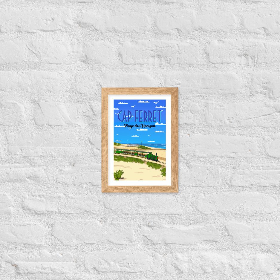 poster plage de l'horizon avec petit train cap ferret cadre blanc