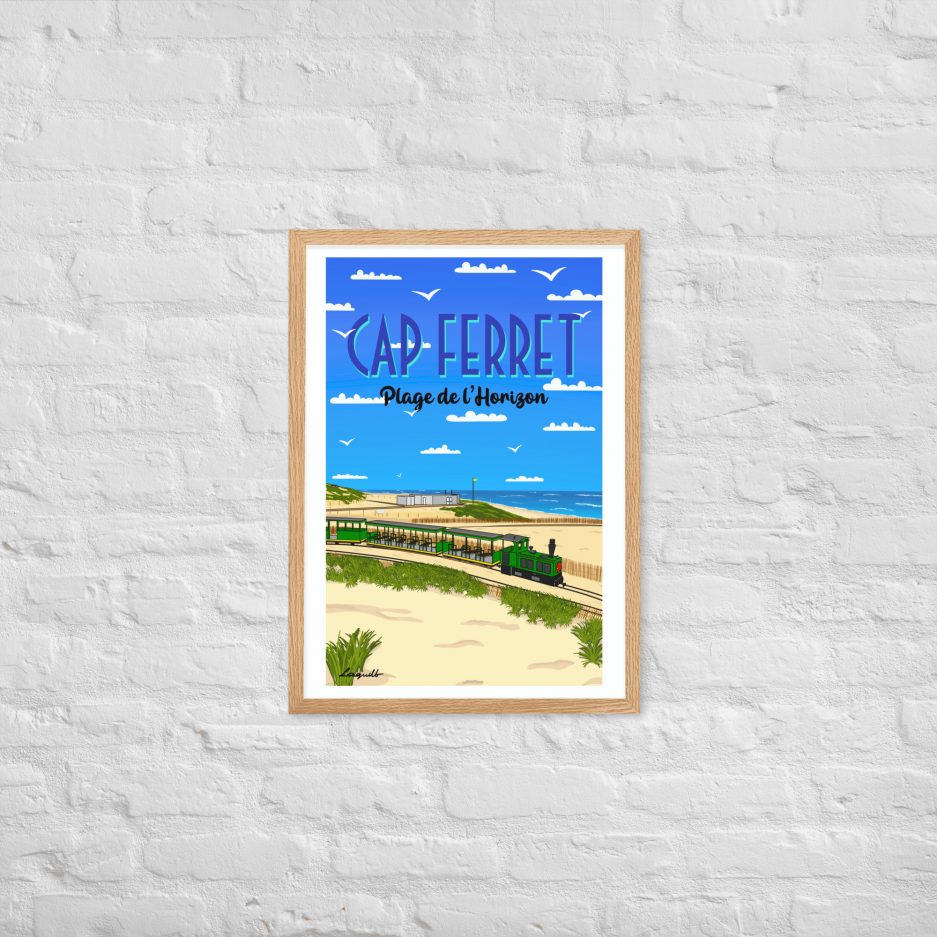 poster plage de l'horizon avec petit train cap ferret cadre blanc