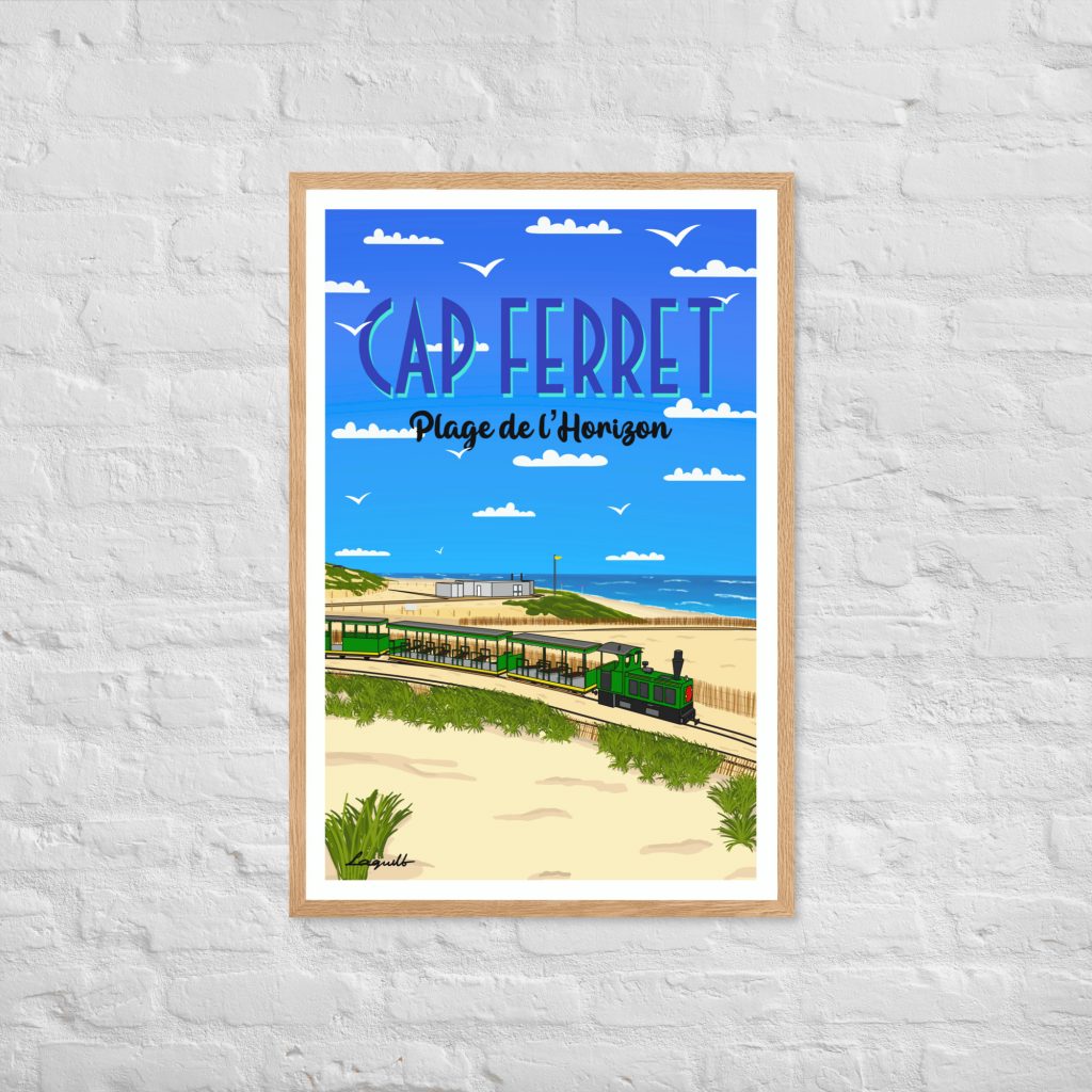 poster plage de l'horizon avec petit train cap ferret cadre blanc