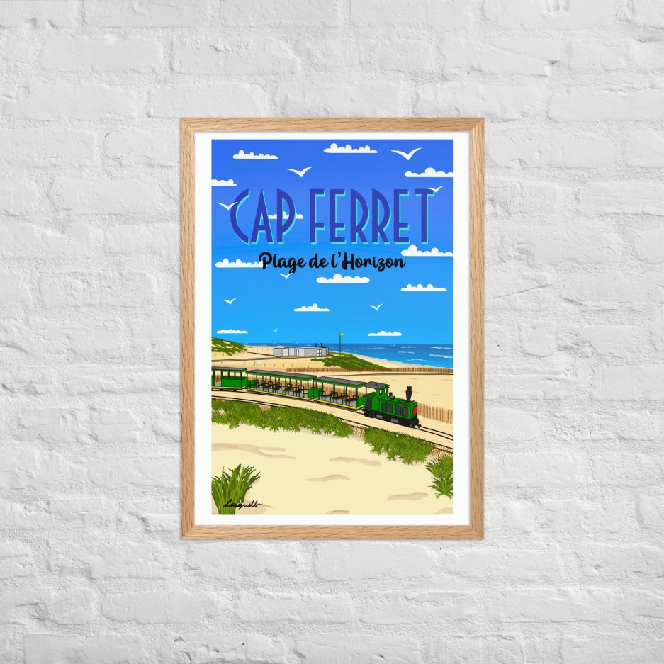 poster plage de l'horizon avec petit train cap ferret cadre blanc