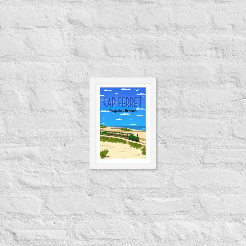 poster plage de l'horizon avec petit train cap ferret cadre blanc