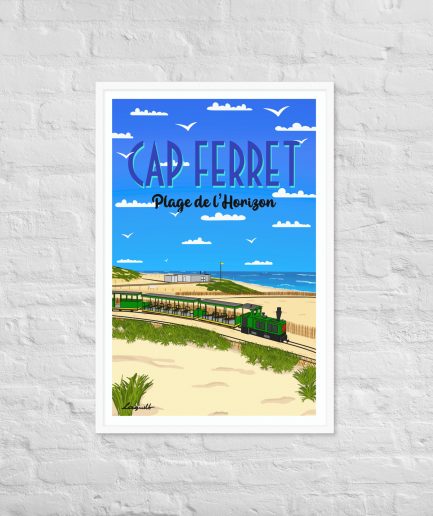poster plage de l'horizon avec petit train cap ferret cadre blanc