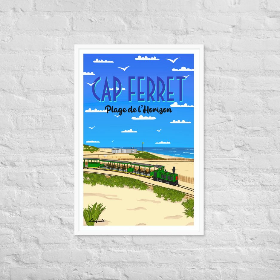 poster plage de l'horizon avec petit train cap ferret cadre blanc