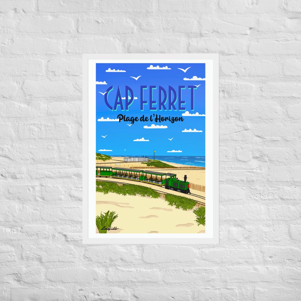 poster plage de l'horizon avec petit train cap ferret cadre blanc