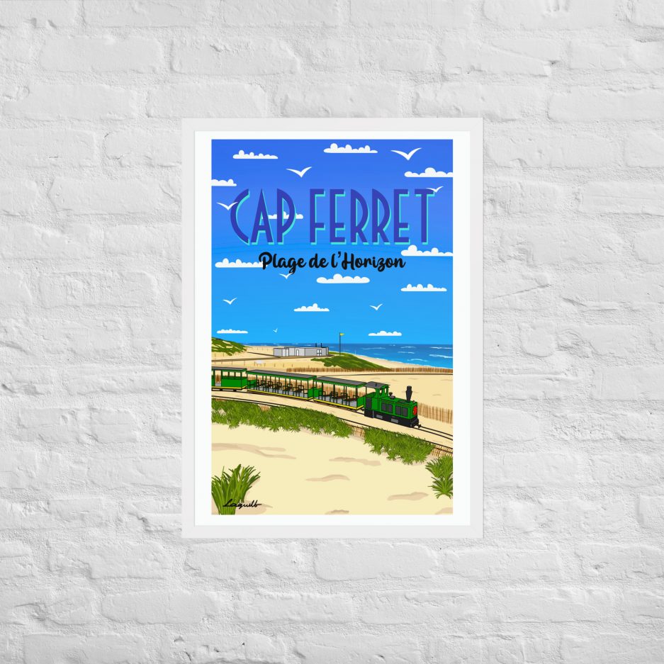 poster plage de l'horizon avec petit train cap ferret cadre blanc