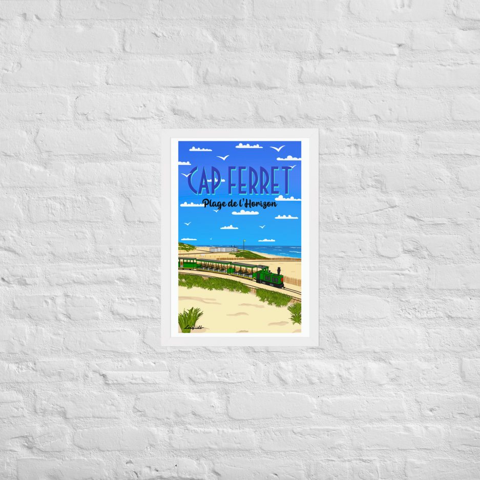 poster plage de l'horizon avec petit train cap ferret cadre blanc